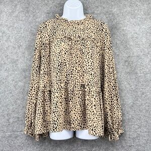 C.D.M. Womens Leopard Print Ruffle Blouse Long Sleeve Size L Beige & Black